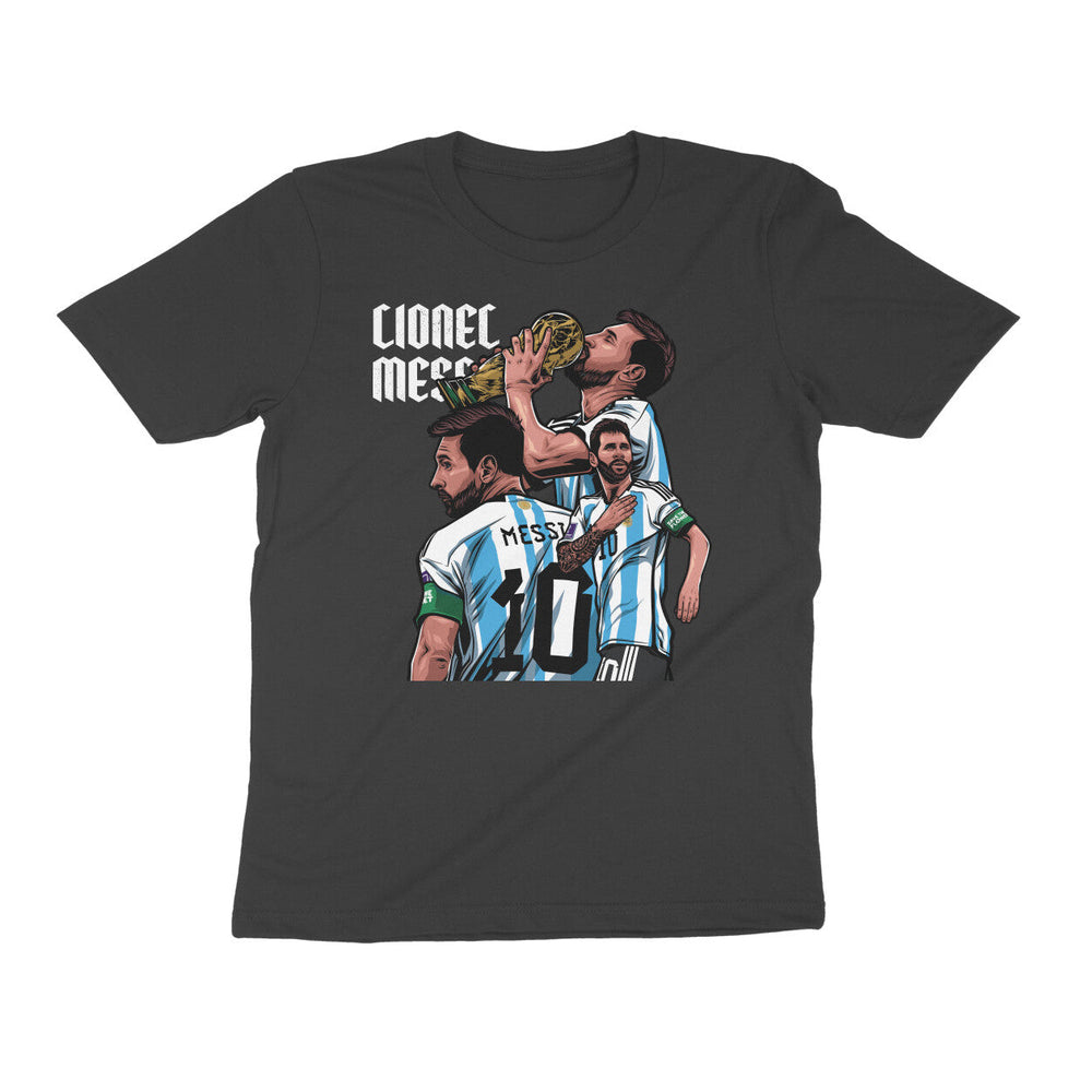 Black t-shirt with graphic of Messi celebrating with World cup 