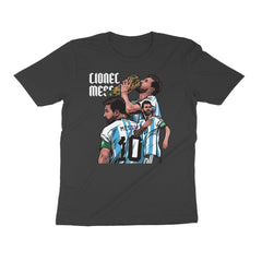 Black t-shirt with graphic of Messi celebrating with World cup 
