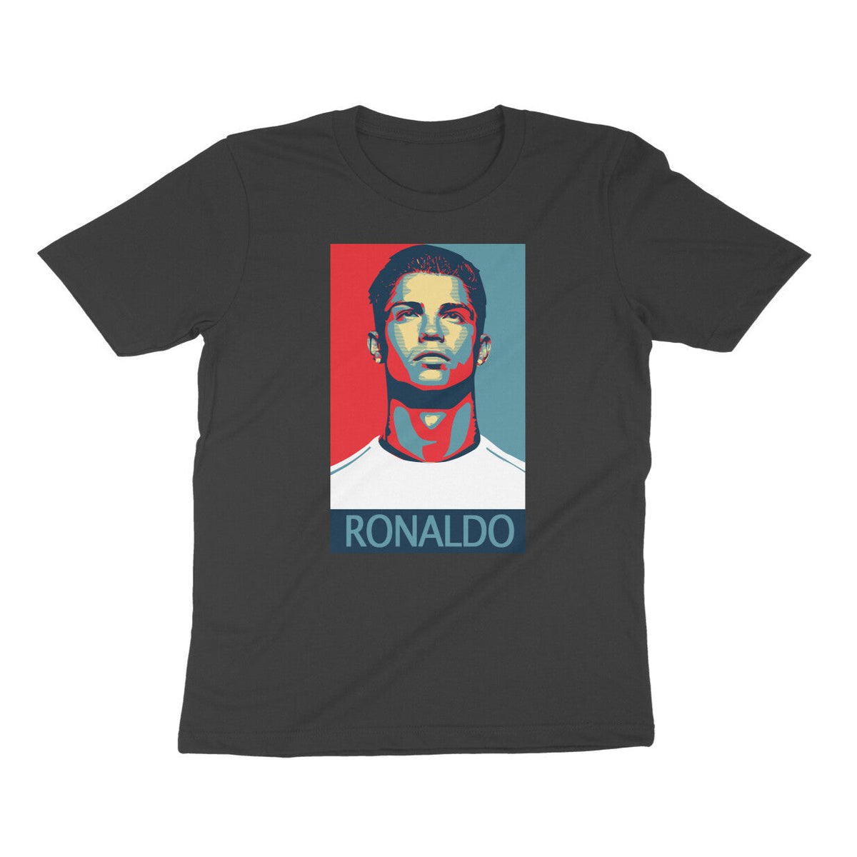 Black t-shirt with a graphic of a portrait and 'RONALDO' text on a white background
