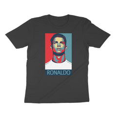 Black t-shirt with a graphic of a portrait and 'RONALDO' text on a white background